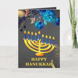 Modern Blue & Guld Menorah Lycklig Hanukkah Helgkort