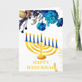 Modern Blue & Guld Menorah Lycklig Hanukkah Holi Helgkort