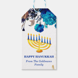 Modern Blue & Guld Menorah Lycklig Hanukkah Presentetikett