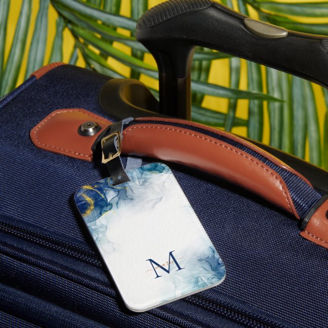 Modern Blue Guld Monogram Script Namn Initial Unco Bagagebricka (Framsida Insitu 1)