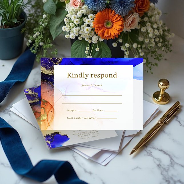 Modern Blue Guld Orange Bröllop OSA Kort (Modern Blue Gold Orange Wedding RSVP Card.)