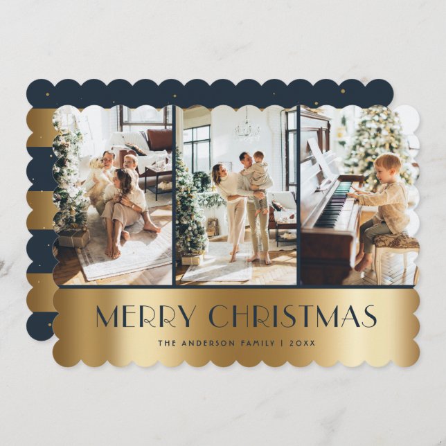 Modern Blue Guld Photo Collage-julkort Julkort (Fram/baksida)