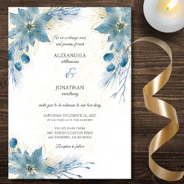 Modern Blue & Guld Poinsettia Bröllop Inbjudningar