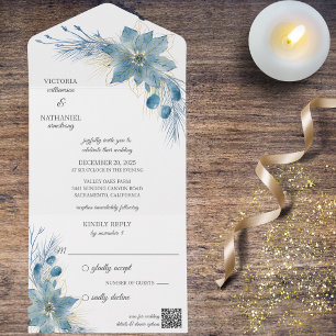 Modern Blue & Guld Poinsettia om vit QR-kod