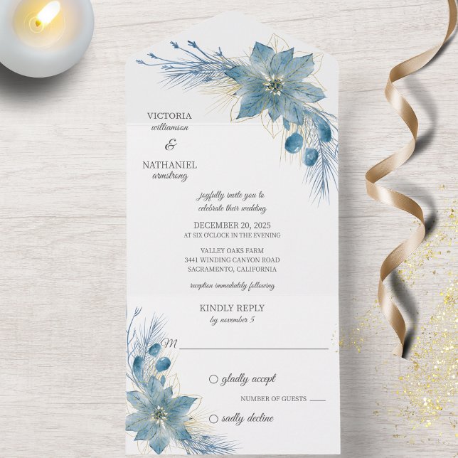 Modern Blue & Guld Poinsettia på White (Also available with QR code. )