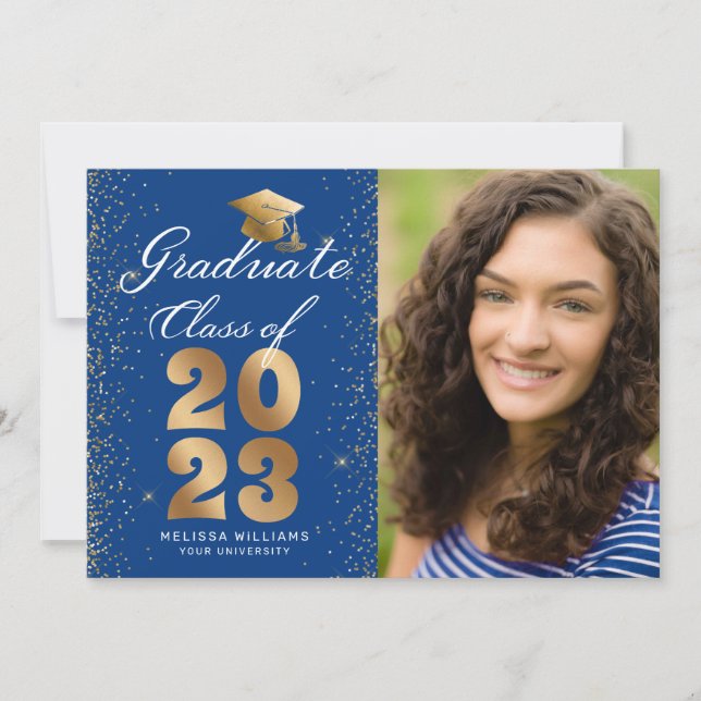 Modern Blue Guld Script Cap Glitter Photo Grad Meddelande (Framsida)