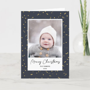 Modern Blue Guld Star Bokeh Overlay Minimalist Helgkort