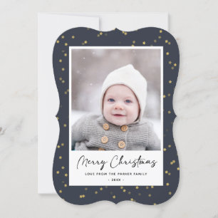 Modern Blue Guld Star Bokeh Overlay Minimalist Julkort