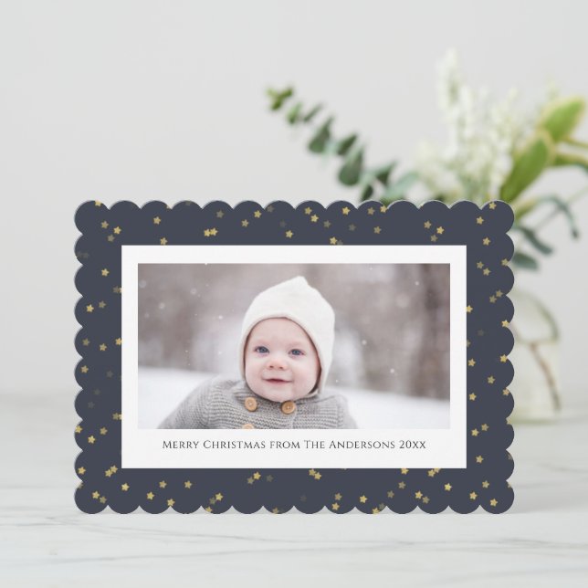 Modern Blue Guld Star Bokeh Overlay Minimalist Julkort (Stående Fram)