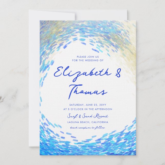 Modern Blue Guld Surfer Wave Elegant Beach Wedding Inbjudningar (Framsida)