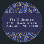 Modern Blue Gult Hanukkah Blommigt Returadress Runt Klistermärke<br><div class="desc">Modern Boho Blue Gult Hanukkah Botanical Anpassningsbar Returadress Classic Round Sticker</div>