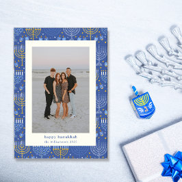 Modern Blue Gult Menorah Hanukkah Two Photo Julkort