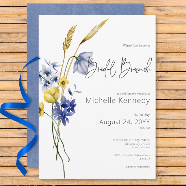 Modern Blue & Gult Wildblommor Möhippa Brunch Inbjudningar (Modern Blue & Yellow Wildflowers Bridal Brunch Invitation)