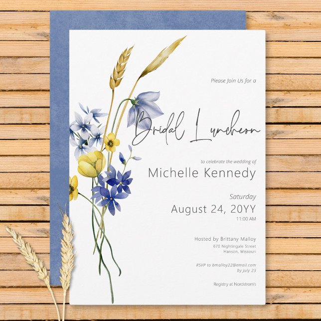 Modern Blue & Gult Wildblommor Möhippa Luncheon Inbjudningar (Modern Blue & Yellow Wildflowers Bridal Luncheon Invitation)