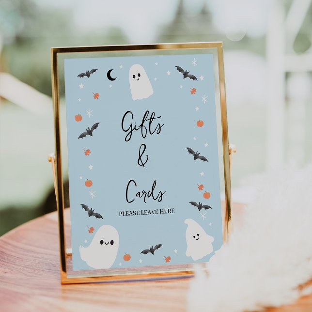 Modern Blue Halloween Baby Shower-skylt Fototryck (Blue Halloween baby Shower Sign, Halloween Boys Baby Shower Table Top Sign, Ghosts Little Boo Theme )