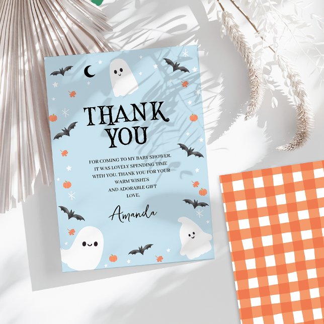 Modern Blue Halloween Little Boo Baby Shower Tack Kort (Halloween Baby Shower Thank You Card Boy, Ghosts, Little Boo Thank You Card, Baby Blue Halloween)