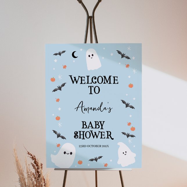 Modern Blue Halloween Välkomstskylt för babyskor Fototryck (Blue Little Boo Baby Shower Welcome Sign, Halloween Baby Shower Welcome, Ghosts Baby Shower Welcome)