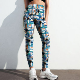Modern Blue Handflatan Tropical Checked Abstrakt M Leggings