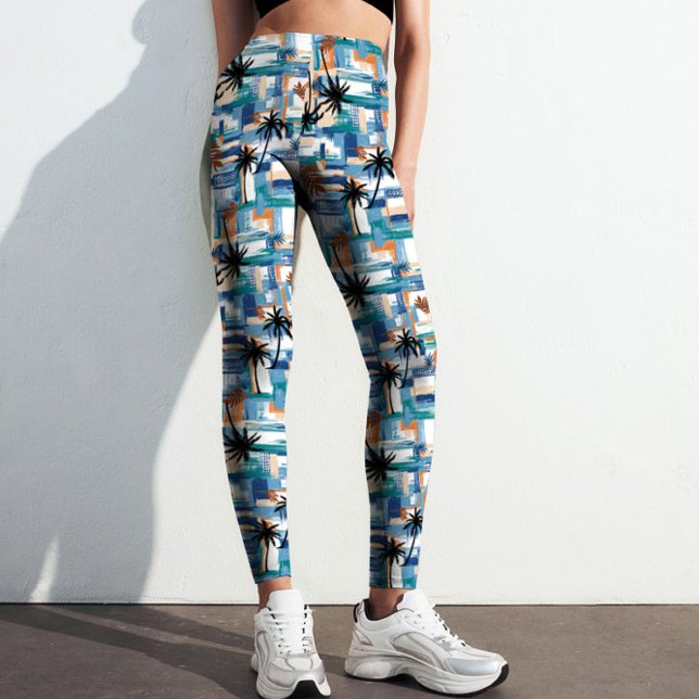 Modern Blue Handflatan Tropical Checked Abstrakt M Leggings (Modern Abstract Blue Palm Checked Pattern Printed Leggings for Yoga, Fitness, & Lifestyle.)