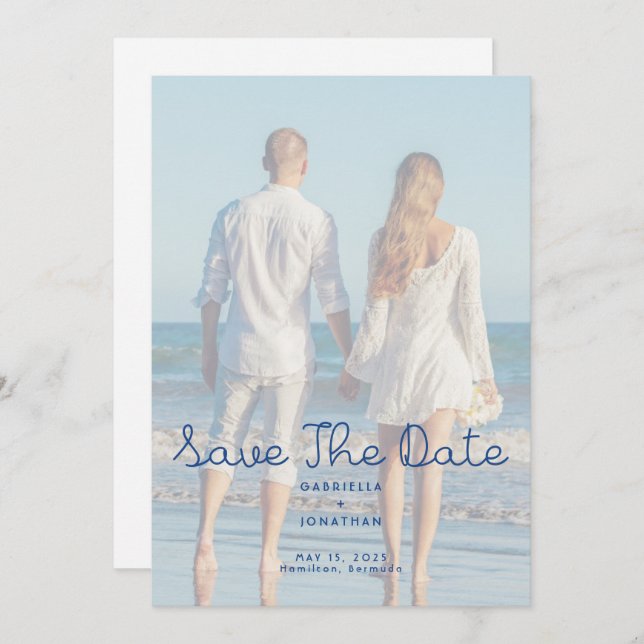 Modern Blue Handwritten Wedding Photo  Spara Datumet (Fram/baksida)