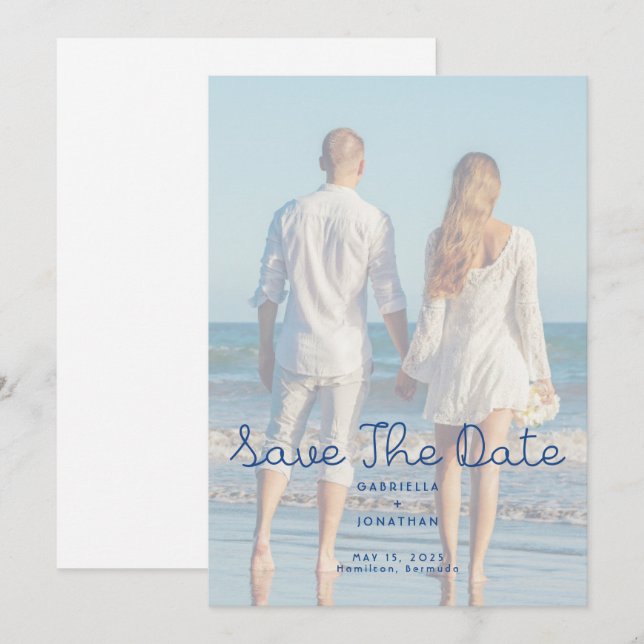 Modern Blue Handwritten Wedding Photo  Spara Datumet (Fram/baksida)
