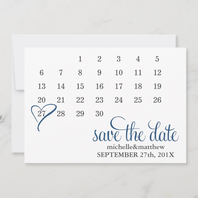 Modern Blue Heart Calendar Bröllop spara datum Spara Datumet (Framsida)
