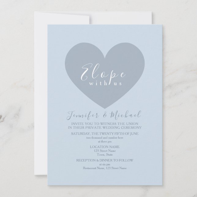 Modern Blue Heart Elopement Bröllop Inbjudningar (Framsida)