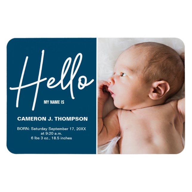 Modern Blue Hej Baby Photo Birth-meddelande Magnet (Horisontell)