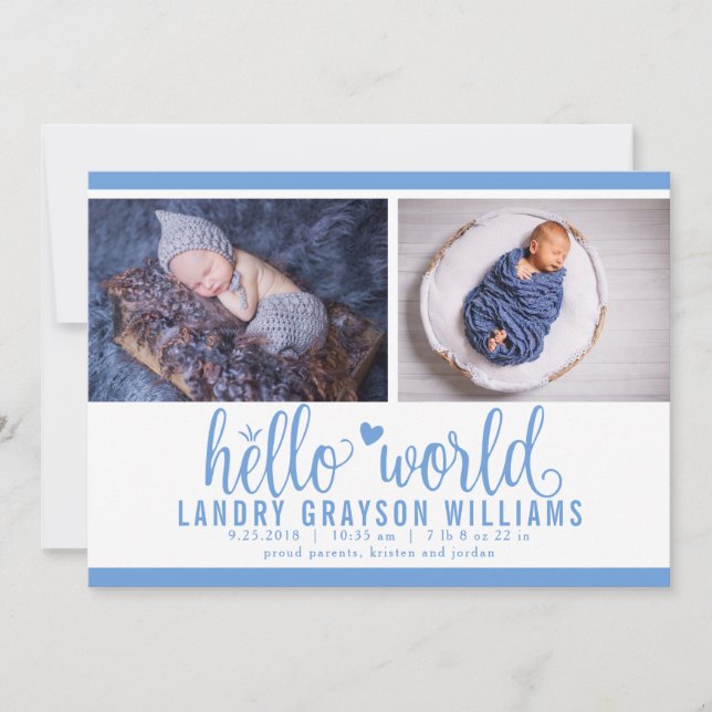 Modern Blue Hej World Photo Birth Stat Meddelande (Framsida)