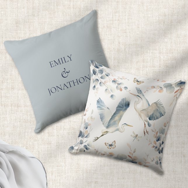 Modern Blue Herons Flies Namn Newlyweds Kudde (Front and back view)