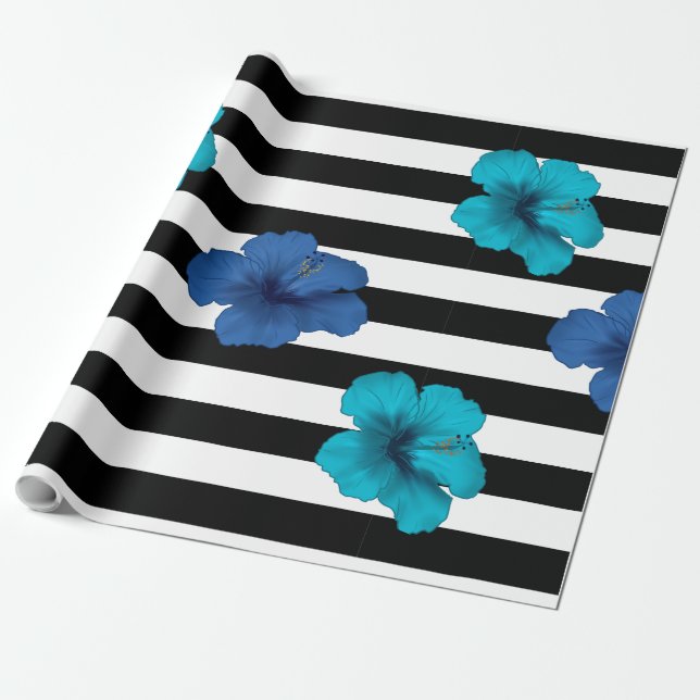 Modern Blue Hibiscus Black White Rand Presentpapper (Utrullad)