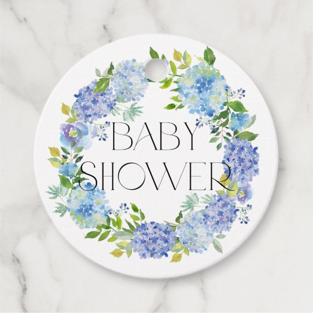 Modern Blue Hydrangea Flowers and Baby Shower Gåvor Etiketter (Framsida)
