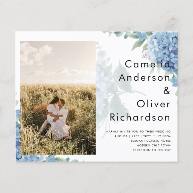 Modern Blue Hydrangea PHOTO-bröllopsinbjudan Flygblad (Framsidan)