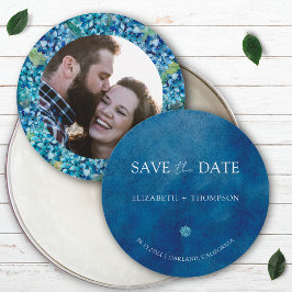 Modern Blue Hydrangea Round Wedding Spara Datumet