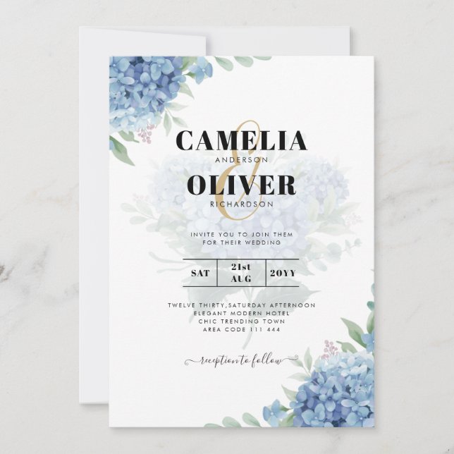 Modern Blue Hydrangea Wedding-kod QR Inbjudningar (Framsida)