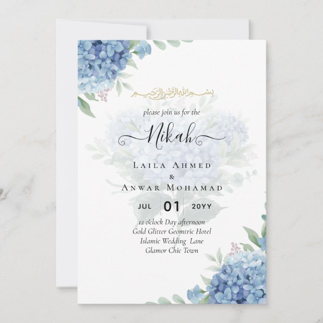 Modern Blue Hydrangea Wedding-kod QR Inbjudningar (Framsida)