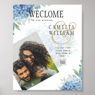 Modern Blue Hydrangea Wedding-kod QR Poster