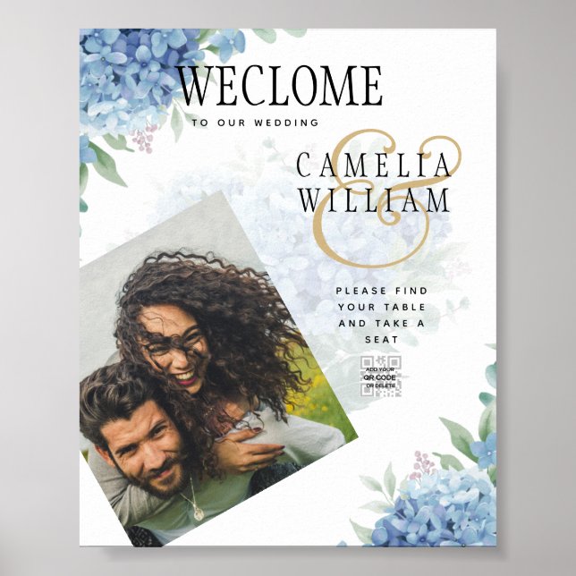 Modern Blue Hydrangea Wedding-kod QR Poster (Framsidan)