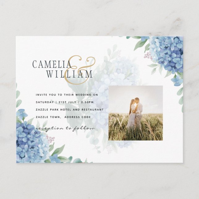 Modern Blue Hydrangea Wedding-kod QR Vykort (Framsida)