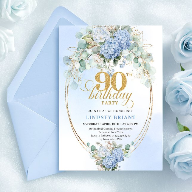 Modern Blue Hydrangeas Eucalyptus 90th Birthday Inbjudningar (Modern Blue Hydrangeas Eucalyptus 90th Birthday)