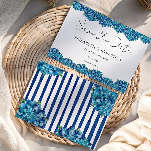 Modern Blue Hydrangeas Navy Blue Striped Wedding Spara Datumet (Skapare uppladdad)