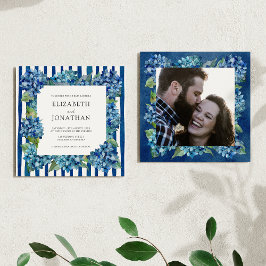 Modern Blue Hydrangeas Stripe Photo Wedding Inbjudningar