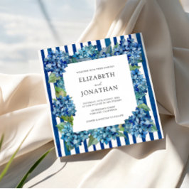 Modern Blue Hydrangeas Watercolor Stripe Wedding Inbjudningar