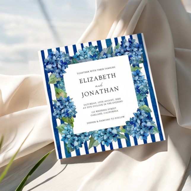 Modern Blue Hydrangeas Watercolor Stripe Wedding Inbjudningar (Skapare uppladdad)
