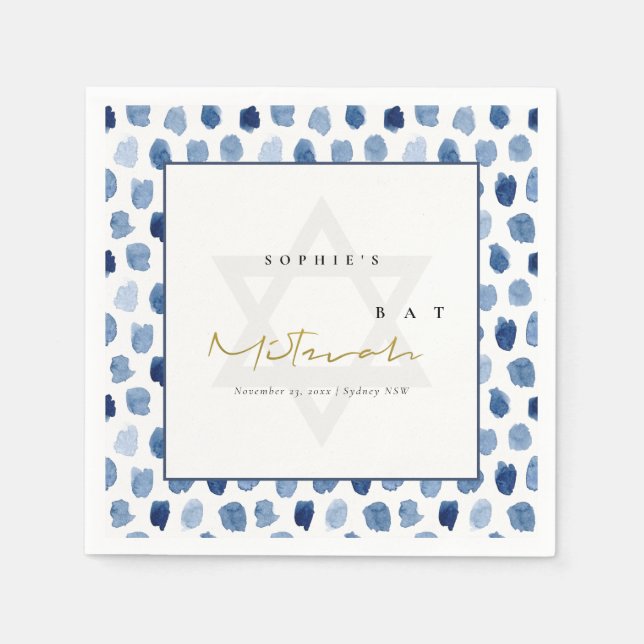 MODERN BLUE INDIGO WATERCOLOR DOTS PUB BAT MITZVAH PAPPERSSERVETT (Framsidan)