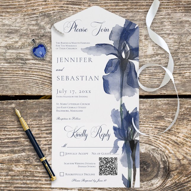 Modern Blue Iris Flower QR-kod (Also available without a QR code; with or without dinner selectin options.)