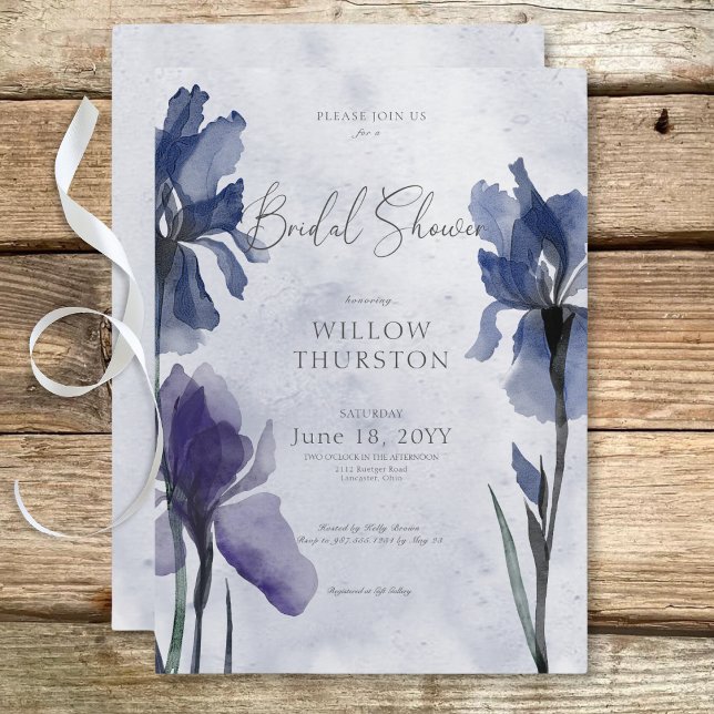 Modern Blue Iris Flowers on Blue Möhippa Inbjudningar (Modern Blue Iris Flowers on Blue Bridal Shower Invitation)