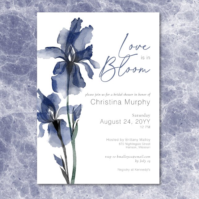 Modern Blue Iris Kärlek in Bloom Möhippa Inbjudningar (Modern Blue Iris Love In Bloom Bridal Shower Invitation)