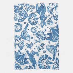 Modern Blue Jacobean Blommigt Rabbit Bird Mönster Kökshandduk