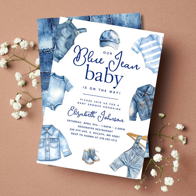 Modern Blue Jean Baby Denim Theter Baby Shower Inbjudningar (Modern Blue Jean Baby Denim Themed Baby Shower Invitation)